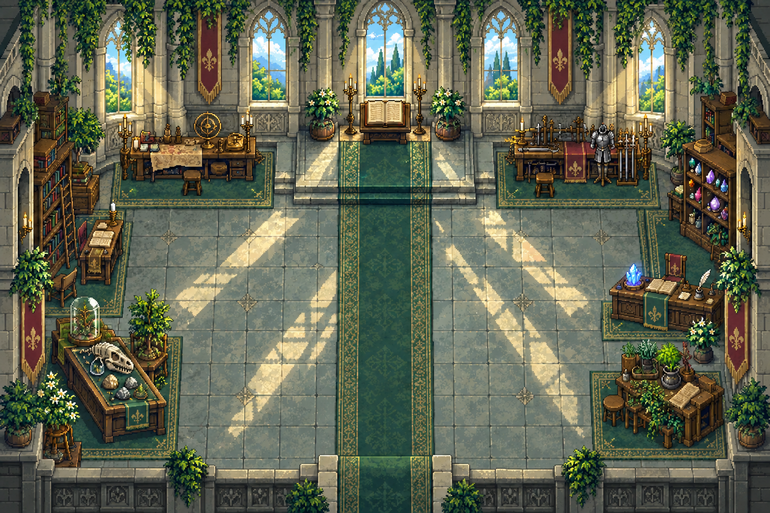 A 16-bit stone hall with ivy, sunlit windows, books, and a green carpet.
